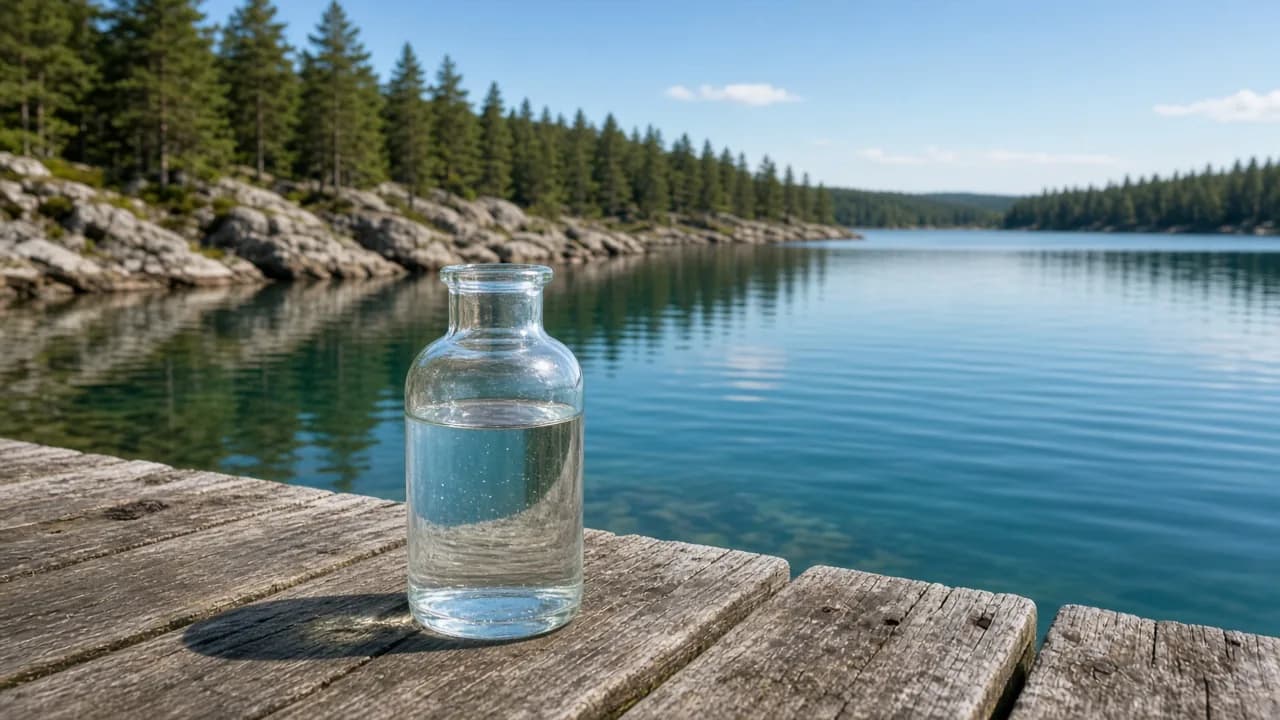 Provflaska med badvatten på en träbrygga vid klar skandinavisk sjö, artikelbild om E. coli i badvatten